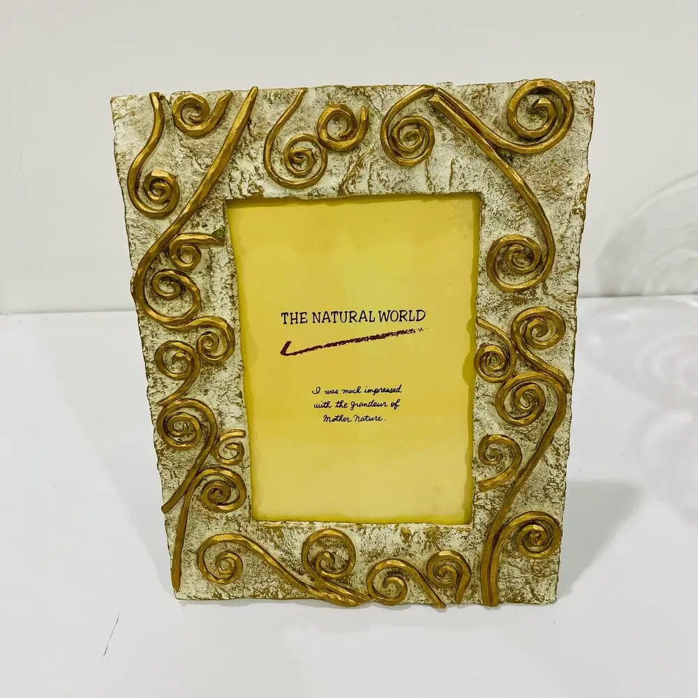 The Natural World Photo Picture Frame Whimsical White & Goldtone Mod Stone Look